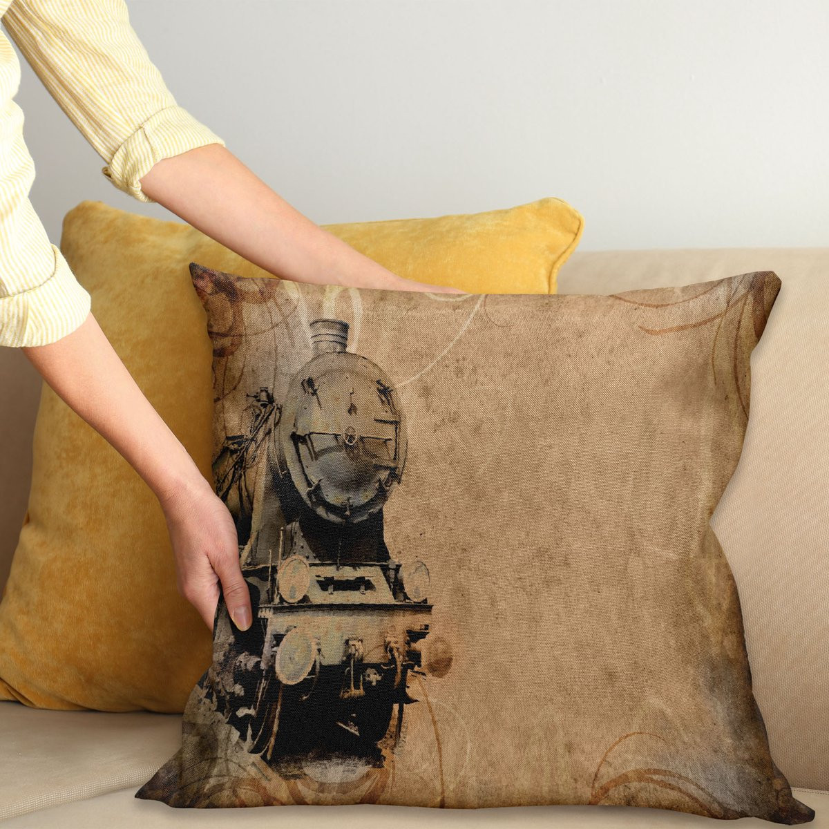ABAKUHAUS Kussenhoes met Stoommachine en IJzeren Trein Print, Bruin, 50 x 50 cm