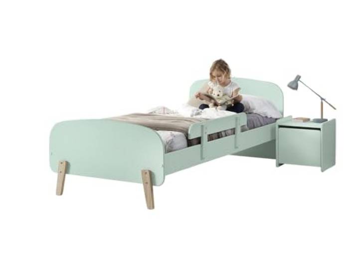 Vipack Kiddy Einzelbett aus Holz und Lattenrost + Sicherheitsgitter + Nachttisch für Kinder, 1 Tür