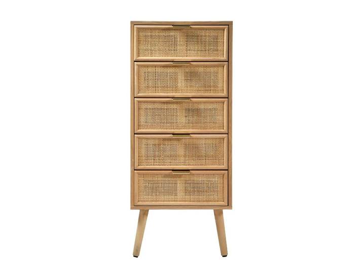 Calicosy Kommode mit 5 Schubladen und Fronten aus natürlichem Rattan - H100,5 cm, Apfelbaumfarben, Holzwerkstoff, 42x100.5x36.5 cm, Kleinmöbel, Kommoden