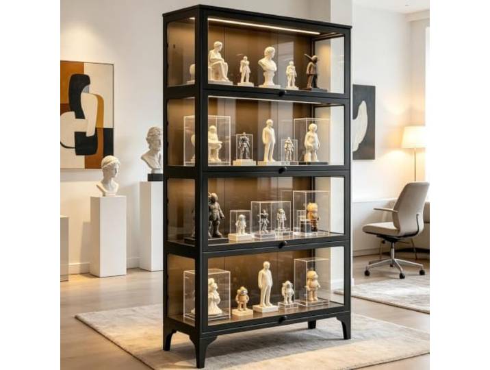 Vitrine mit Glastür,4-stöckige Vitrine mit transparenter,H-165*78*32cm Durchgehender Ausstellungsfläche für Sammlerstücke, Glasvitrine schwarz ,H-165*78*32cm
