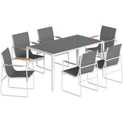 Outsunny 7-teiliges Outdoor-Ess-Set Glastisch Armlehnen Stahlrahmen 6 Personen/Weiß