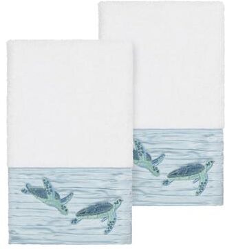 Authentic Hotel and Spa Turkish Cotton Turtles Embroidered White 2-piece Towel Hand Set