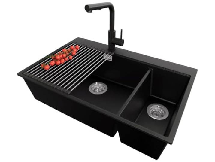 PRIMAGRAN Granitspüle ab 80er Unterschrank + Küchenarmatur, 78x50cm Set: Küchenarmatur BW3010 + Ablauf-Set + Abtropfmatte + Spülbecken 2 Becken - Oslo Duo Top, Schwarz