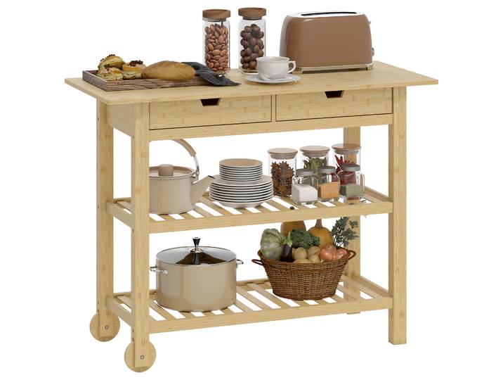 HOMCOM Desserte de cuisine à roulettes en bambou, chariot de rangement avec 2 tiroirs, 2 étagères à lattes et plan de travail, c