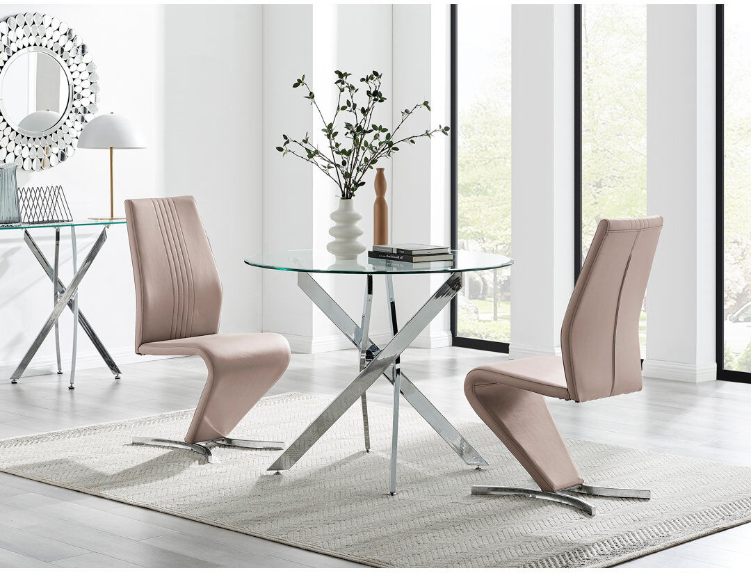 Canora Grey Tierra Modern Chrome Metal & Glass Round Dining Table Set with 2 Modern Design Faux Leather Chairs Cappuccino 2