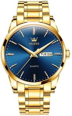 Inspired Deals Men's Quartz Watch Waterproof Stainless Steel Watch With Luminous Display gold Blue