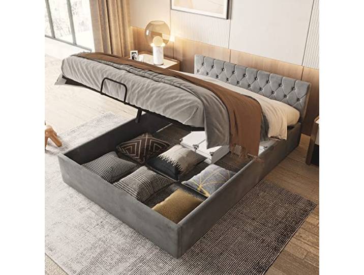 Merax Polsterbett mit Bettkasten, 140 x 200 cm Samt-Stoff Doppelbett mit Lattenrost und Stauraum, Einfacher Stil, Grau