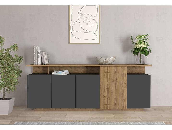 Sideboard GOODPRODUCT Sideboard ETHOS, Kommode, Schrank, Kredenz , grau (eiche wotan, anthrazit matt), B:210cm H:80cm T:40cm, Sideboards, Sideboard, Mit 5 Drehtüren, 8 Innenfächern und 2 Aussenfächern, B.210 cm