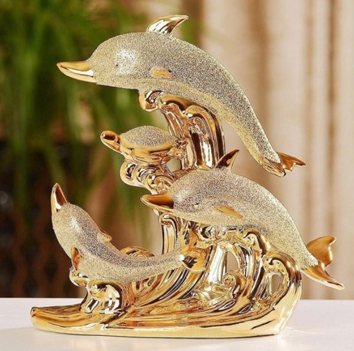 Gouden Kristal Dolfijnen Standbeeld - Handgemaakt Keramisch Decoratiebeeldje voor Bureau en Woonkamer
