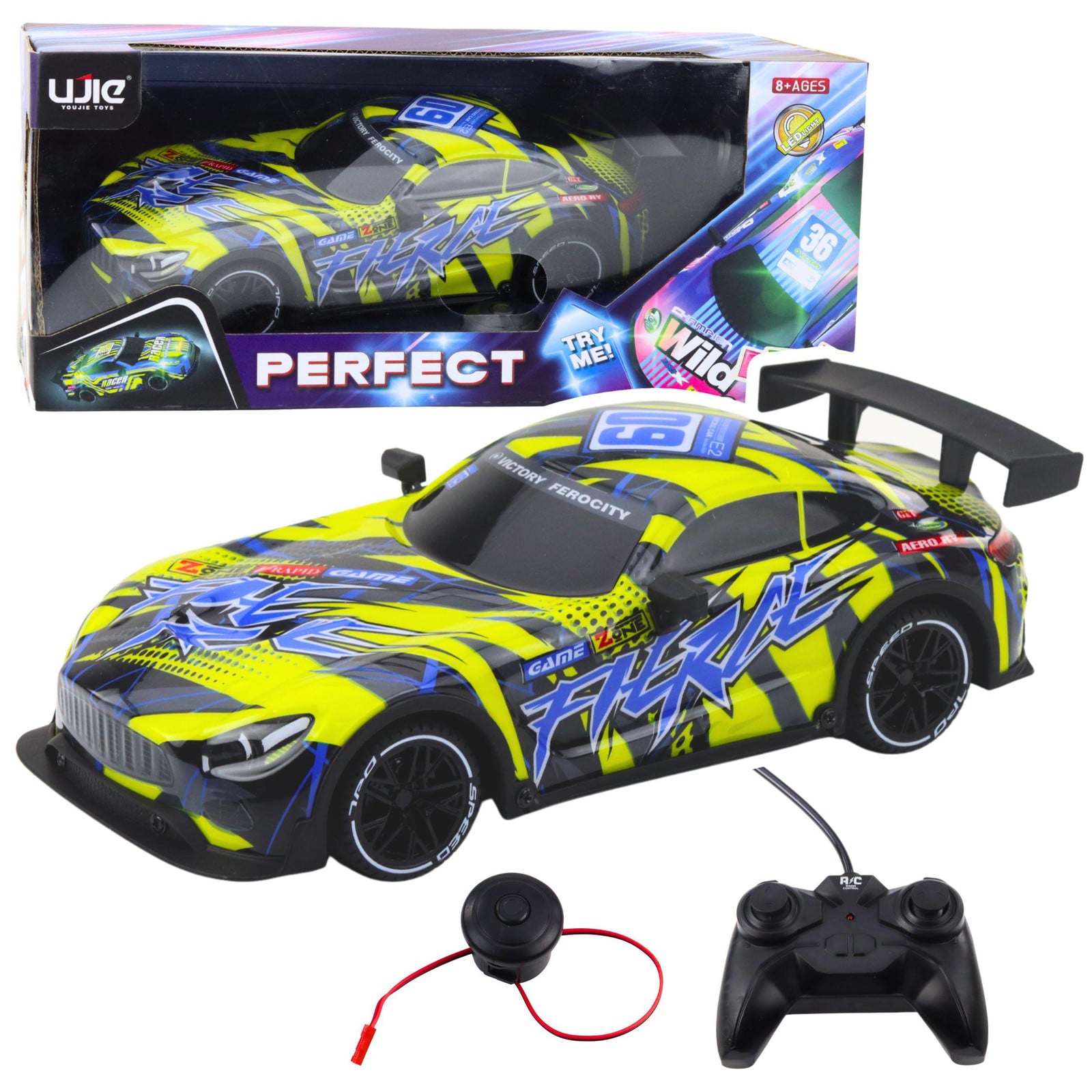 Lean Toys RC-raceauto met verlichte carrosserie geel