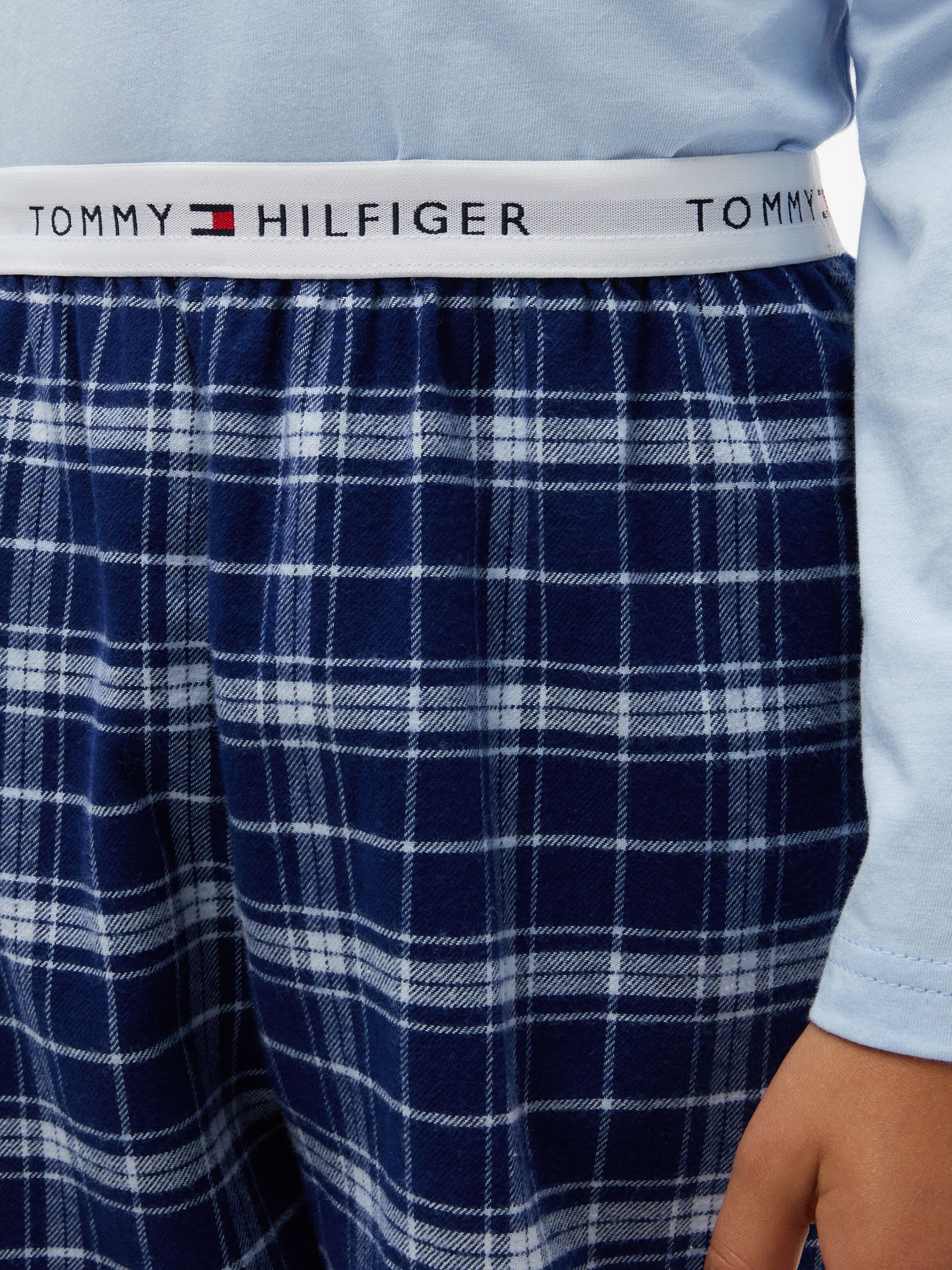 Pyjama "LONG PYJAMA SET", Jungen, Gr. 140/146, blau (tonal blau plaid), Jersey, Obermaterial: 100% Baumwolle, TOMMY HILFIGER UNDERWEAR, normal lang, Homewear-Sets Pyjama tonal blau plaid 140/146