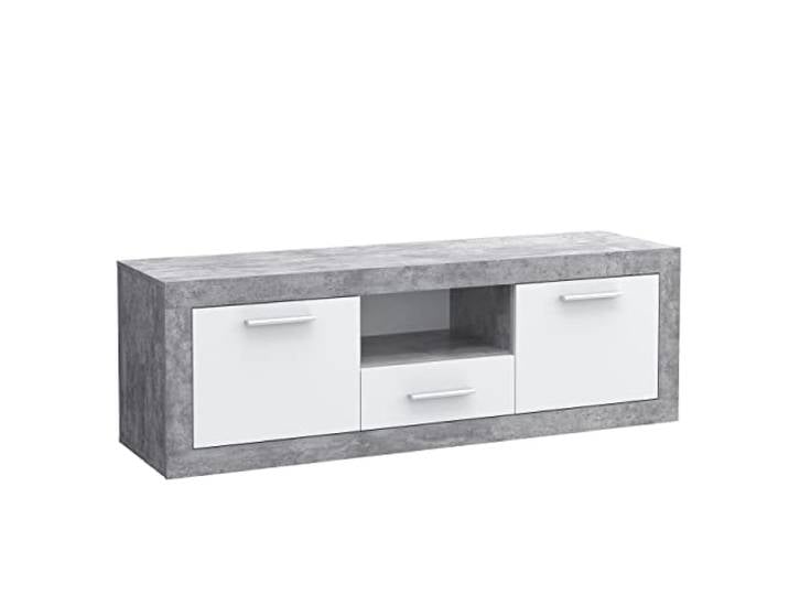 Newroom TV Lowboard 147 cm breit Betonoptik Lichtgrau Weiß TV Schrank 2 Türen mit Schublade und offenem Mittelfach, Bügelgriff, Fernsehtisch, Sideboard, Kommode, Industrial modern