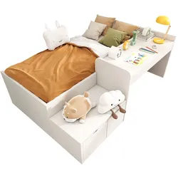OKWISH Schreibtischbett 90x200 cm aus massivem Holz mit Stauraum – vielseitiges Design in Weiß für Jungen & Mädchen