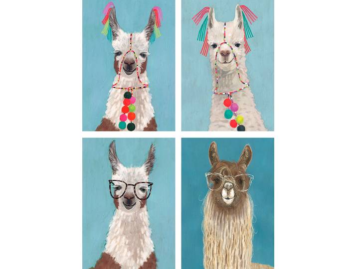 Poster ARTLAND Geschmückte Lamas , blau (farbe bild(er): blau), B:29,7cm H:42cm, Bilder, Poster, Bilder Set, 4tlg., ohne Rahmen