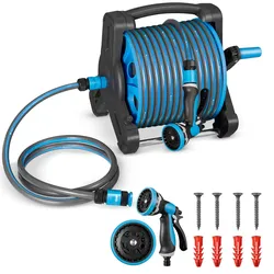 Juskys Schlauchtrommel Basic mit 30 m Wasserschlauch, Multifunktionsbrause und Halterung – Blau Grau