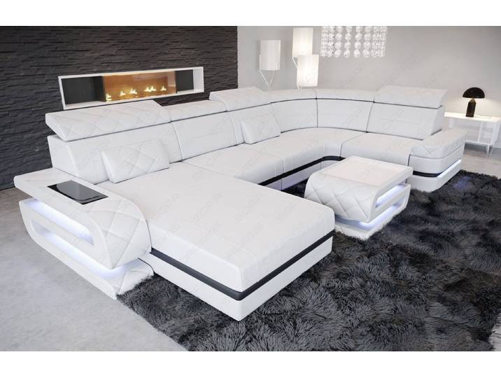 Sofa Dreams Wohnlandschaft Bologna U Form Leder, 6-Sitzer, Couch, opt. Schlaffunktion, Kopfstützen, Farbwechsel-LED