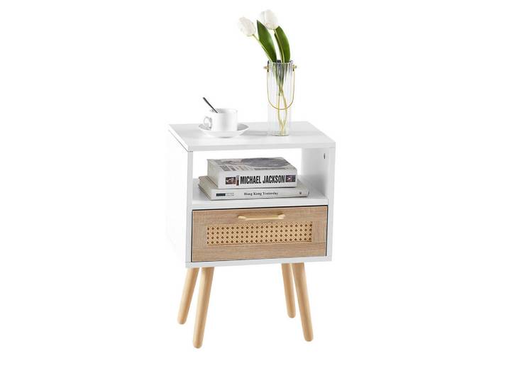 Modfu Nachttisch aus MDF 40x30x55 cm Weiß/Natur mit Schublade und Rattanfront, Rechteckig, 40x55x30 cm, Schlafzimmer, Nachtkästchen