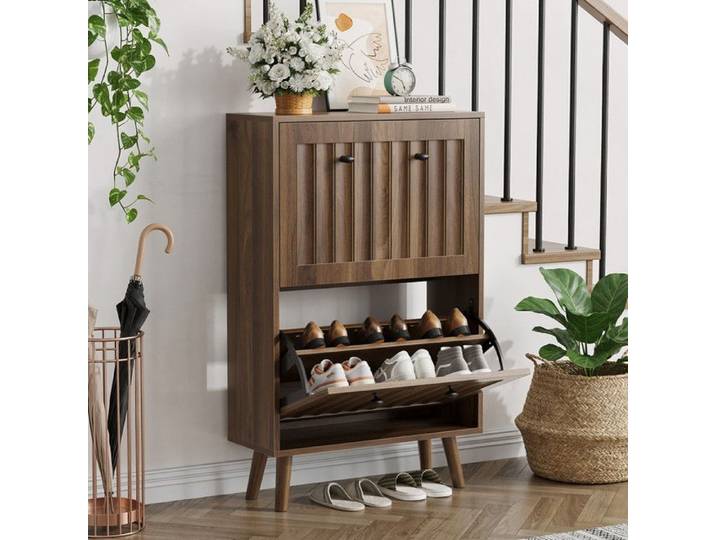 Armoire à chaussures 60 cm en noyer avec rainure verticale armoire à chaussures étroite pour couloir entrée style médiéval