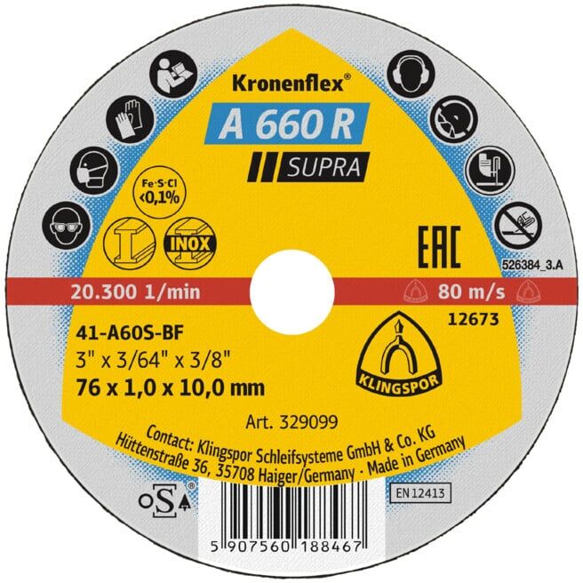 Petit disque de coupe Klingspor A 660 R 100 x 1 x 10 mm droit (368876)