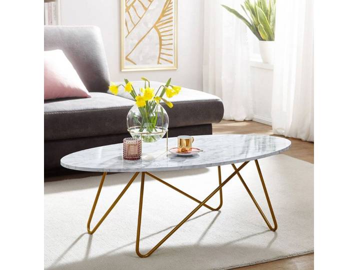 WOHNLING Table Basse Ovale 120x60x40 cm Blanche Effet Marbre Métal
