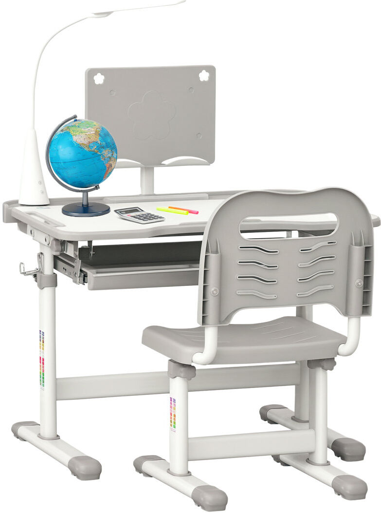 Zoomie Kids HOMCOM Kids Study Desk and Chair Set w/ USB Lamp, Adjustable Height, Grey Gray 105cm H X 70cm L X 50cm D