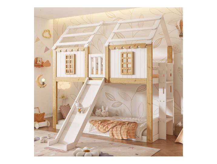 Flieks Etagenbett Hausbett mit Fenster & Tür & Dach, Kinderbett 90x200cm mit Rutsche und flexibler Leiter