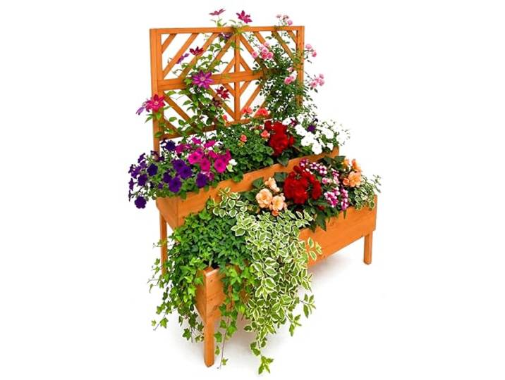 Relaxdays Jardinière avec Treillis\, H x l x P 135 x 109 x 62 cm\, Orange bois\, 2 bacs à fleurs\, brise-vue\, surélevée