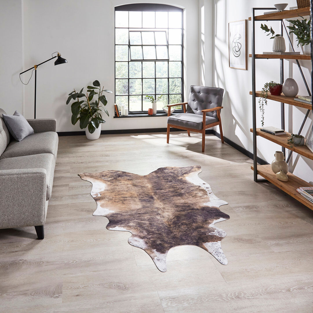 Union Rustic Selen   Faux Cow Print area rug Printed Animal Skin Brown Black/White Animal Skin 130 x 155cm
