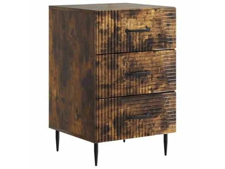 hliofuir Nachttisch Geräucherte Eiche 43 x 41 x 66,5 cm Holzwerkstoff Kompakter Beistellschrank fürs Schlafzimmer mit 3 Schubladen für Bücher und persönliche Dinge. Praktisch und robust.