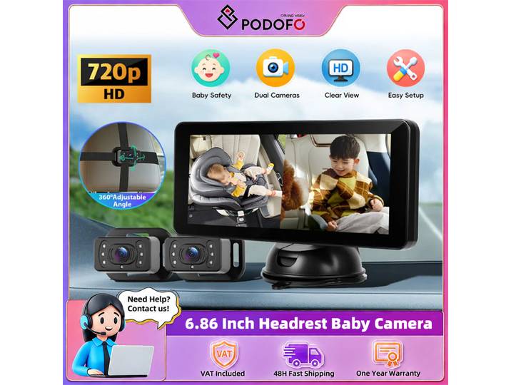 Caméra de voiture pour bébé Podofo, double canal, siège arrière, 720P avec vision nocturne, moniteur de voiture 6,8'' écran IPS