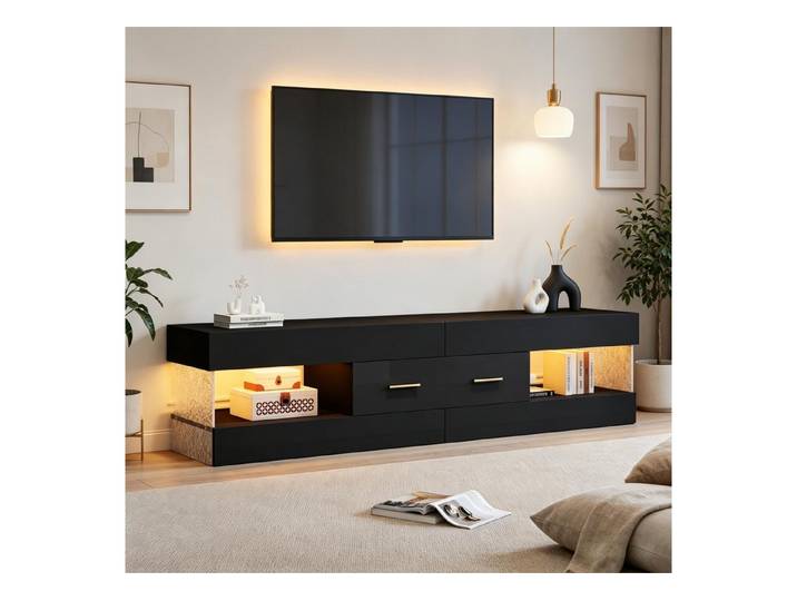 OKWISH TV-Schrank Lowboard mit LED & Acrylglasplatte (Packung, 1-St., offene Fächer & Schubladen, für Wohnzimmer) 152x40x35 cm, Schwarz
