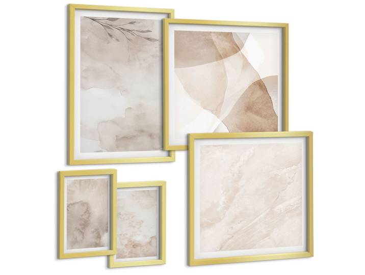 BILDER SET 5er Set - 50x50 cm & 20x30 cm & 40x60 cm Goldrahmen - Aquarellfarben, Boho-Texturen