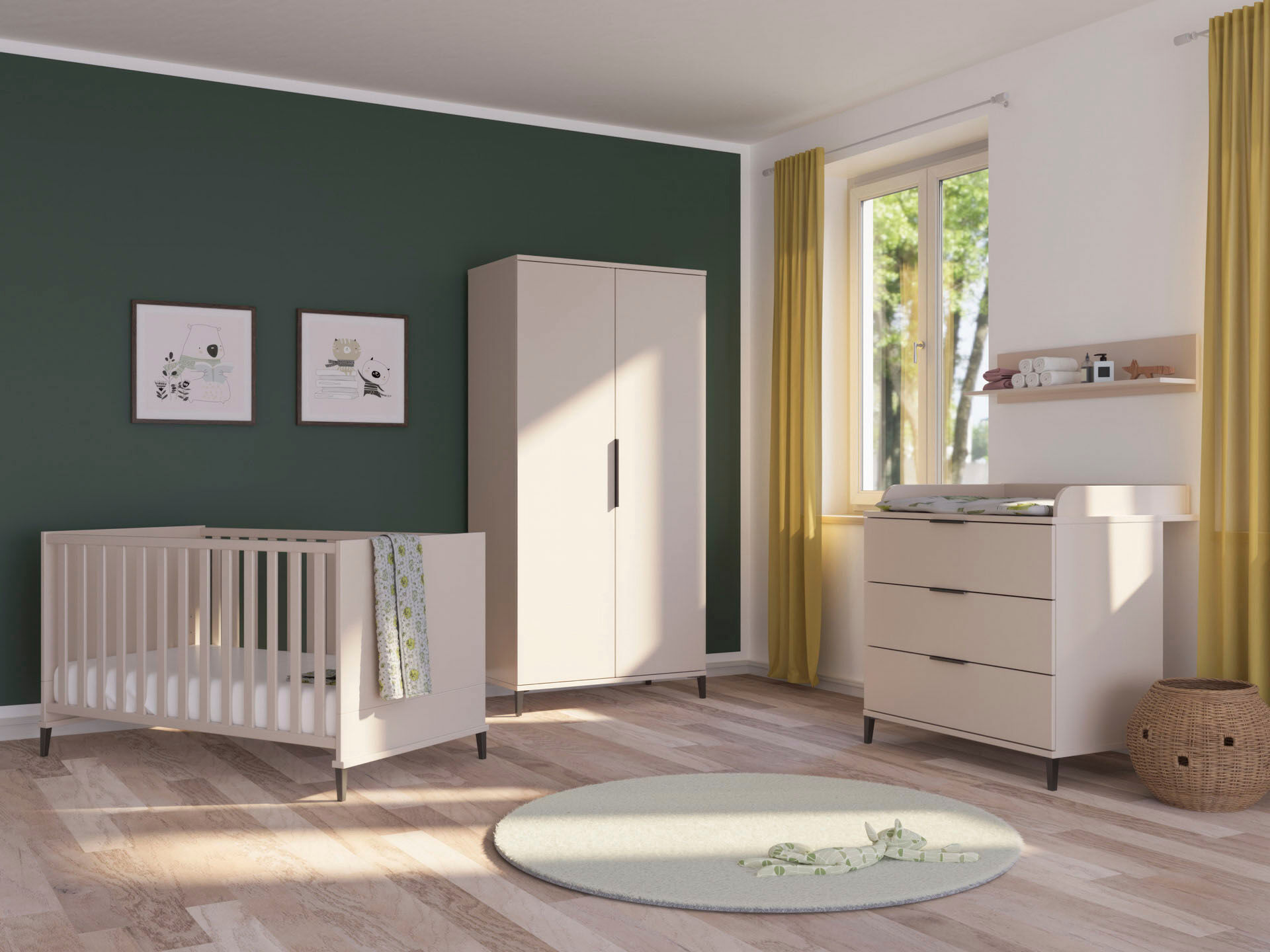 Babybett HOME AFFAIRE "ARI", beige (cashmere, beige), B:77cm H:82cm L:146cm, Holzwerkstoff, Babybetten, Babybett, 4-fach höhenverstellbar, umbaubar zum Juniorbett Kindersofa