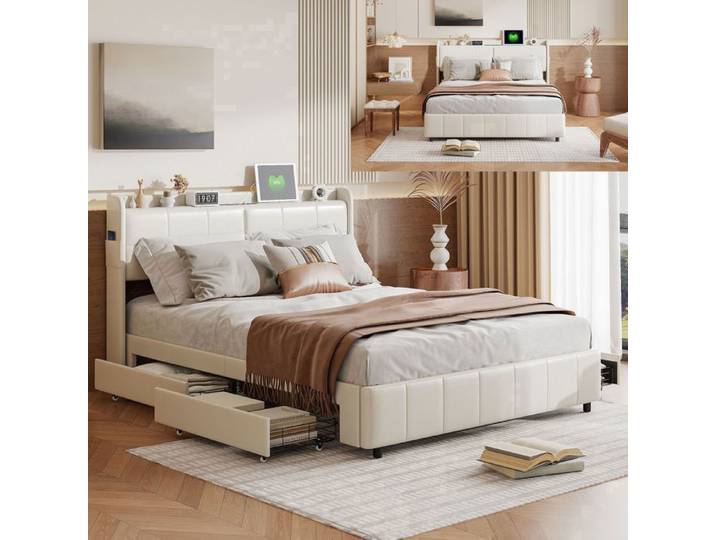 Lit 160x200 cm - USB - tissu en PU - lit double 160x200 cm - 160x200 cm - Blanc