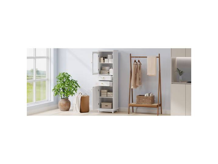 MEUBLIV Colonne de salle de bain 45 x 36 x 160 cm MDF porte vitrée 2 tiroirs blanc