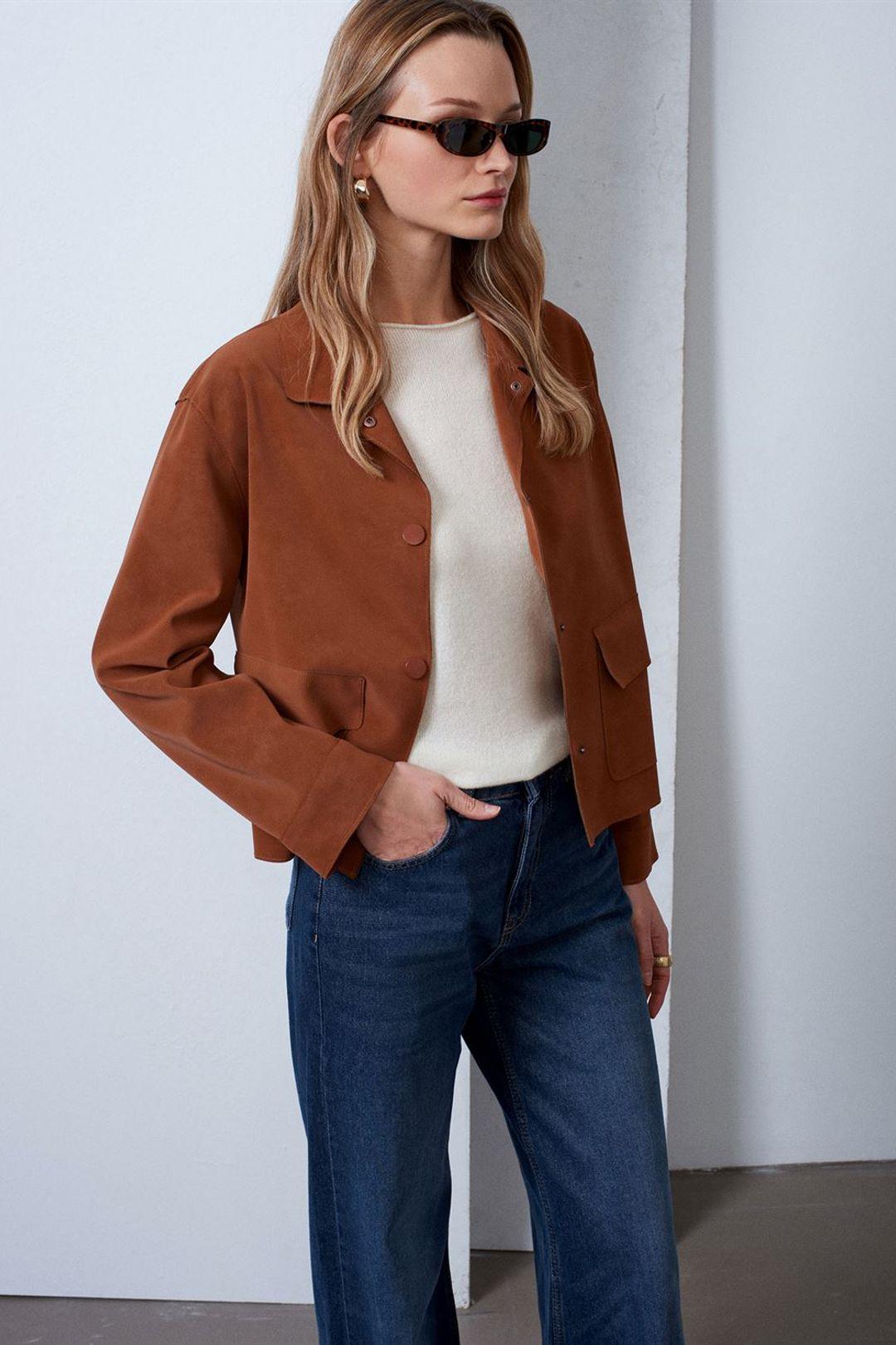 Dames Cropped Faux Suede Jas