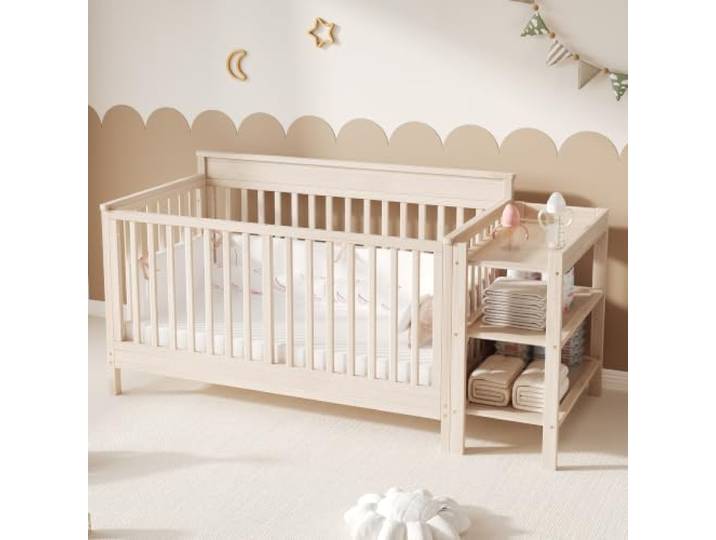Babybett Holz 3-in-1 Massivkiefer Natur 184,5x74,5x90cm Höhenverstellbar Babybett Umschaltbar Beistellbett Sofa Modus Mit Wickeltisch Schutzzaun Baby Cot