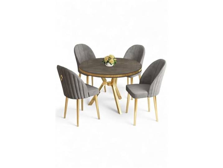Modern 5-Piece Dining Table & Chairs Set, Anthracite & Gold, 90x90 cm 100% Lacquer Panel, Metal Legs, Stylish Fabric Perfect for Home & Hotel