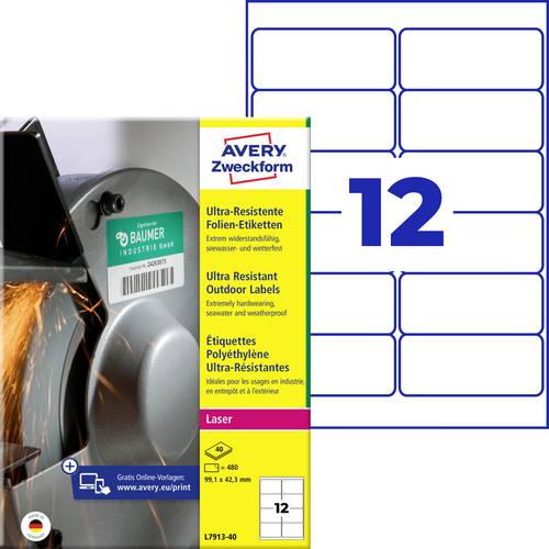 Avery-Zweckform L7913-40 Universal-Etiketten 99.1 x 42.3mm Polyethylenfolie Weiß 480 St. Permanent haftend Laser 40 Blatt DIN A4