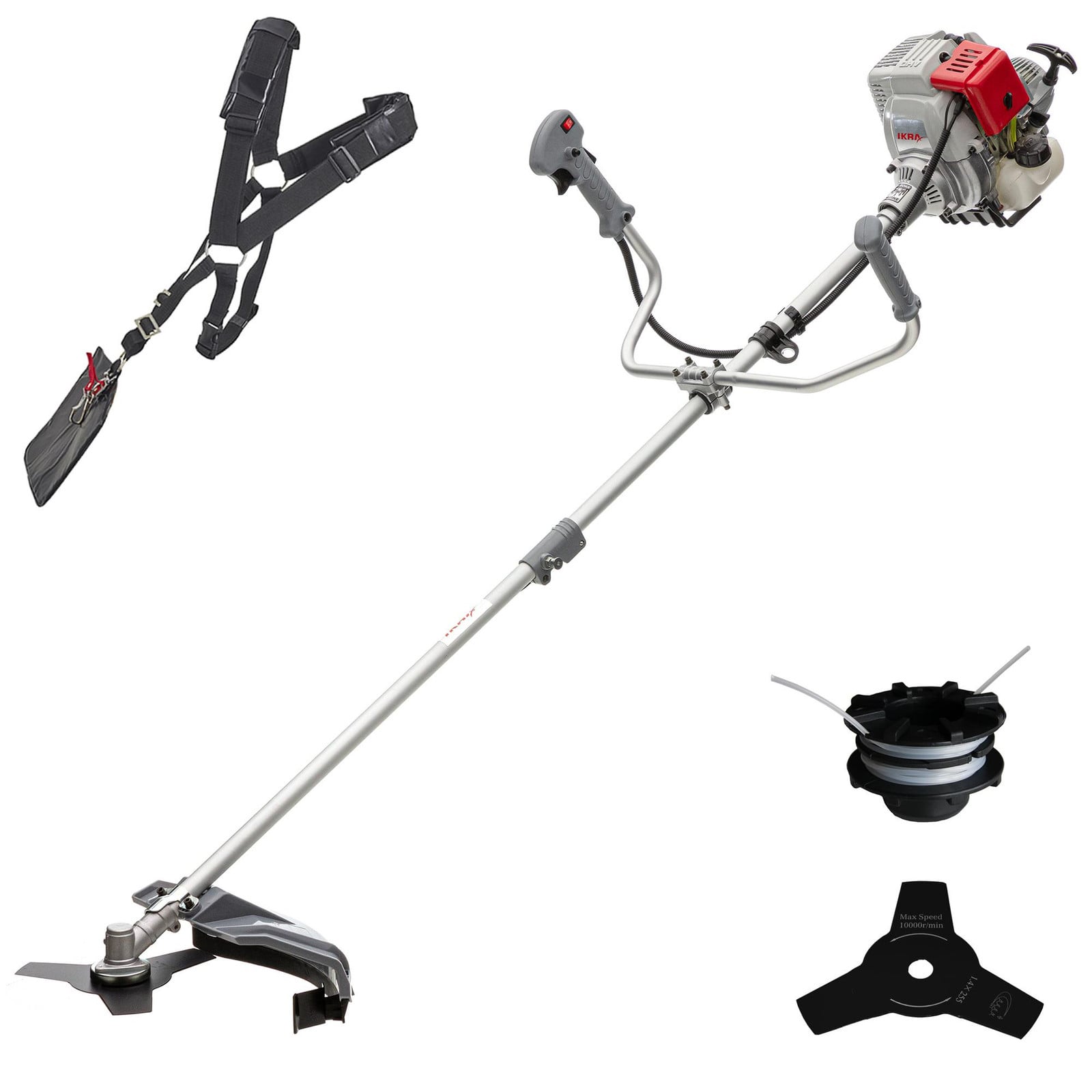 Ikra IBF 31-4 benzine-bosmaaier met 4-takt motor, draadspoel (snijbreedte 43 cm), 3-tands mes (Ø 25,5 cm) en schouderriem