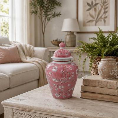 Sagebrook Home Chinoiserie Ceramic Temple Jar with Sculptural Lid for Home Decor