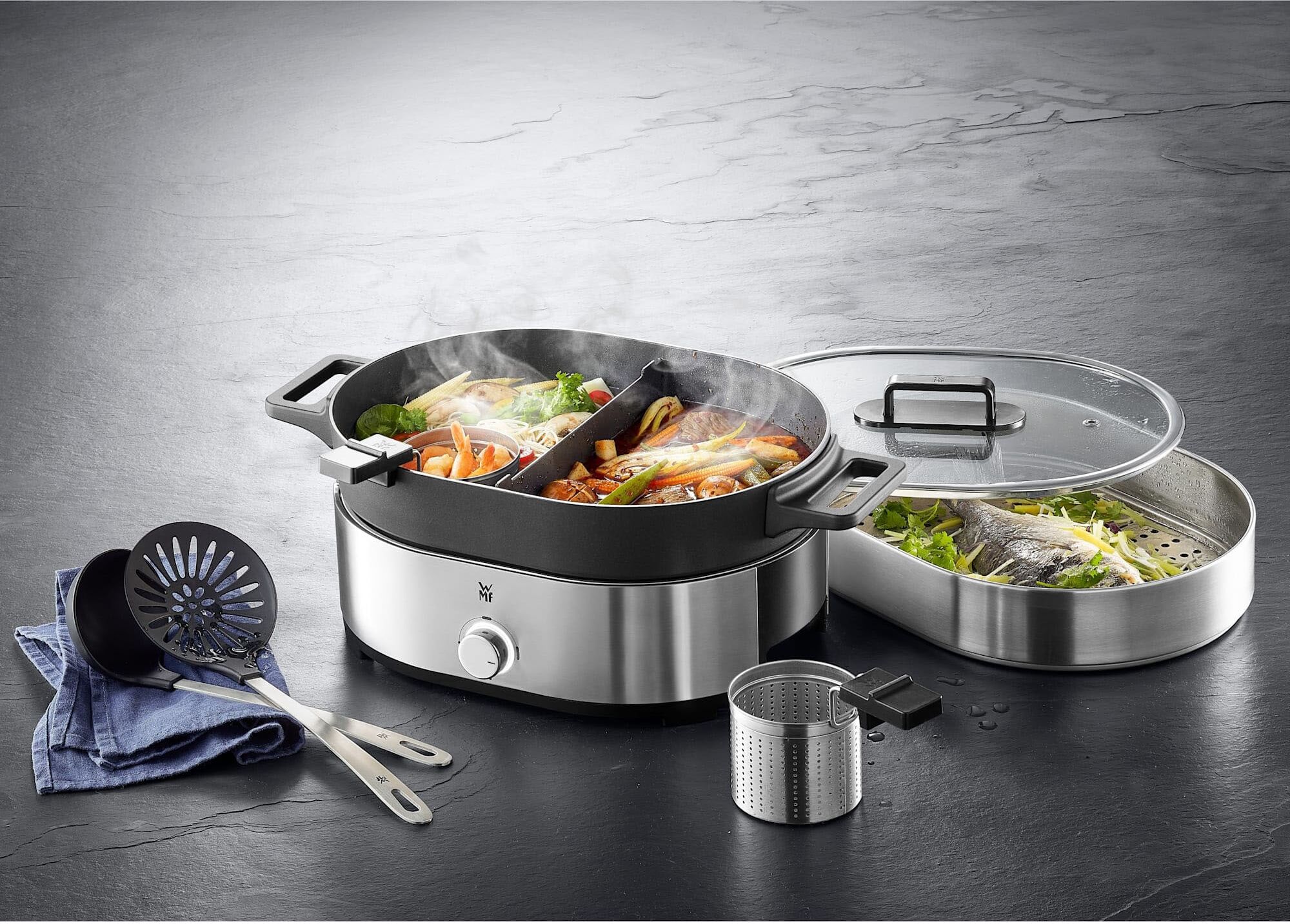 WMF Dampfgarer "Lono Hot Pot & Dampfgarer", silber (silberfarben), B:46cm H:25,5cm T:28cm, Dampfgarer, 3,6l, mit Garkörbchen, spülmaschinengeeignete Bestandteile