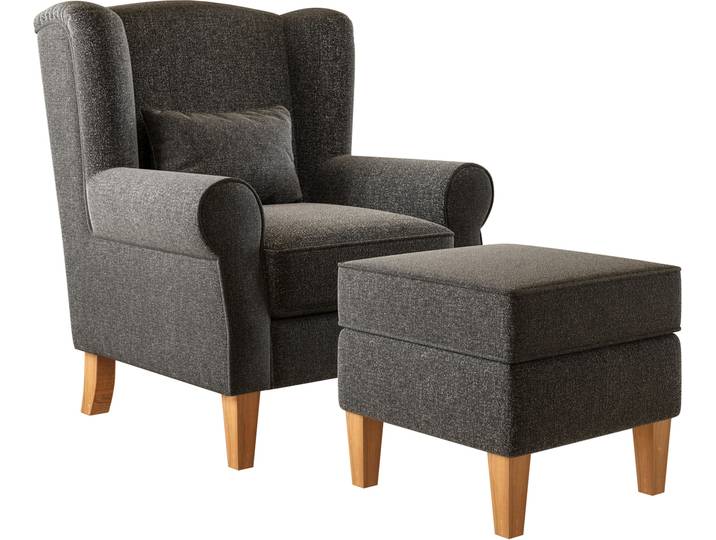 Willy Ohrensessel + Hocker, Material Stoff, Dunkelgrau