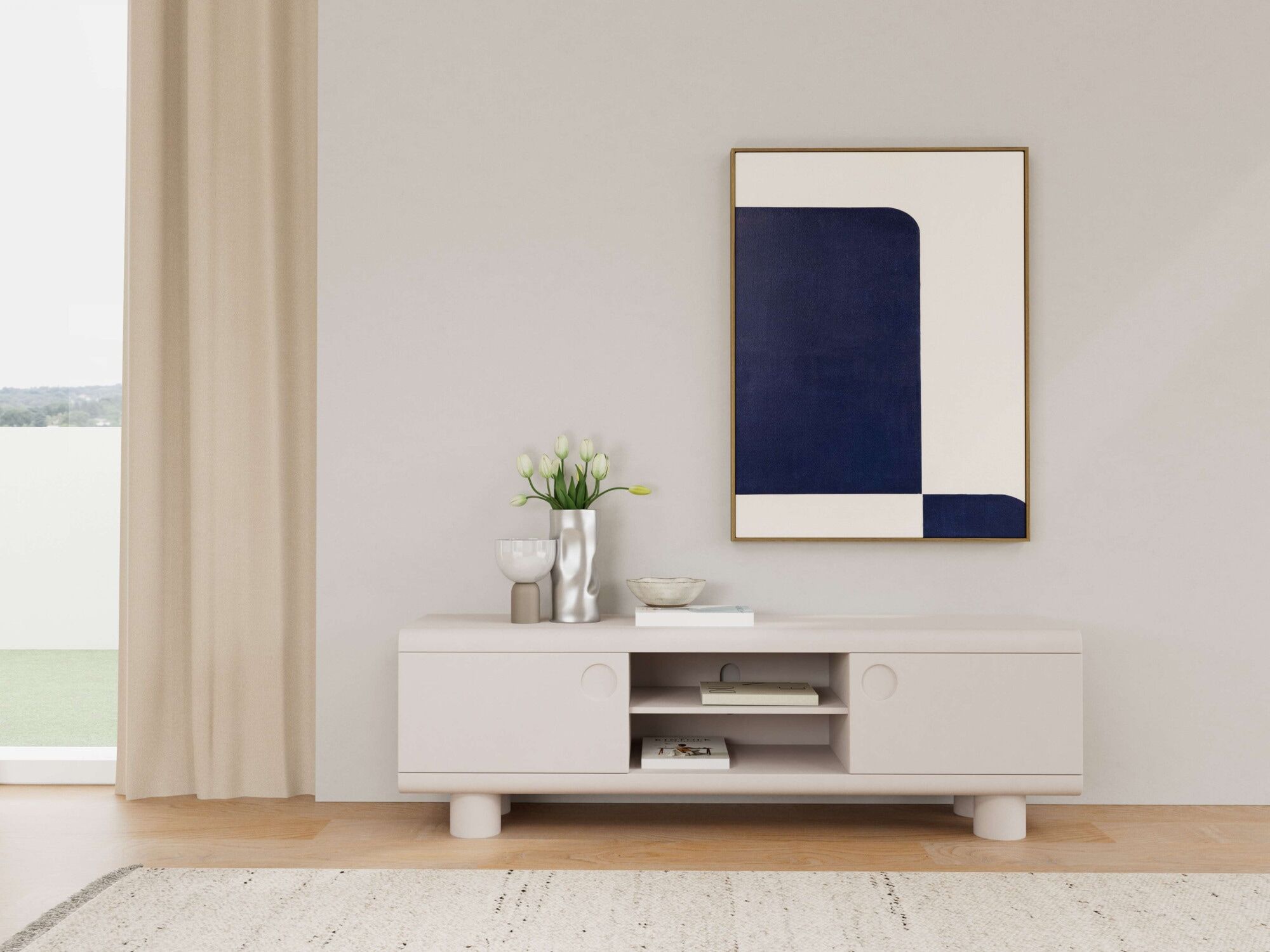 TV-Schrank ACTONA GROUP "Magee - eleganter TV- Tisch für das moderne Wohnzimmer", beige (grau), B:160cm H:50cm T:40cm Ø:160cm, MDF, Schränke, TV-Schrank, Im warmen Grau lakiert. 2 Fächer und 3 Regalböden grau B/H/T: 160cm x 50cm x 40cm, Türen: 2 Stk.