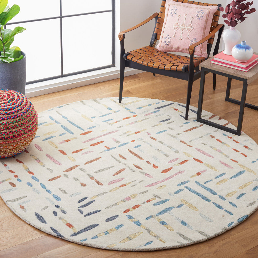 Ebern Designs Meteo Rindelt Rug In Ivory & Multi Blue Round 183 cm