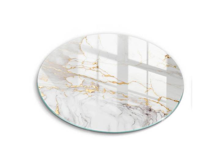 Wallfluent Glasplatte Ø 40 cm Heller Marmor mit Goldakzenten, Magnolie, Glas, Rund, 40x40 cm, Küchenzubehör, Schneidebretter