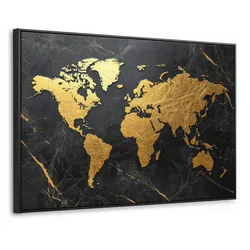 LEINWAND Bilder mit Rahmen - Weltkarte - Gold - Marmor - 90x60