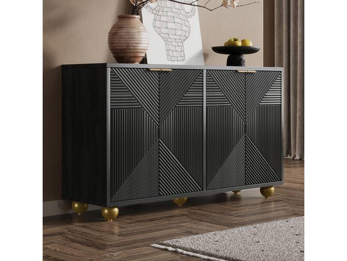 okwish Sideboard Vier Türen Graviertes Design Wohnzimmerschrank mit Verstellbare Einlegeböden und kugelförmigen Beinen Schwarz