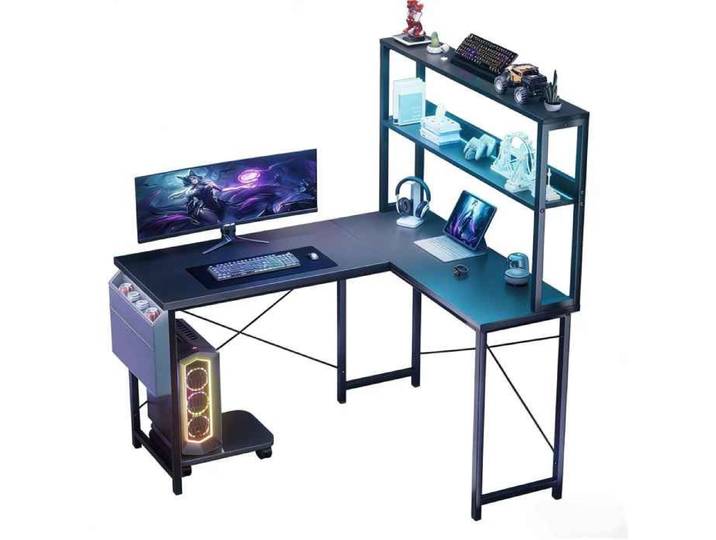 Bureau Gaming en L 110x80x148cm LED RGB 60000 Couleurs APP & Musique Réversible Noir