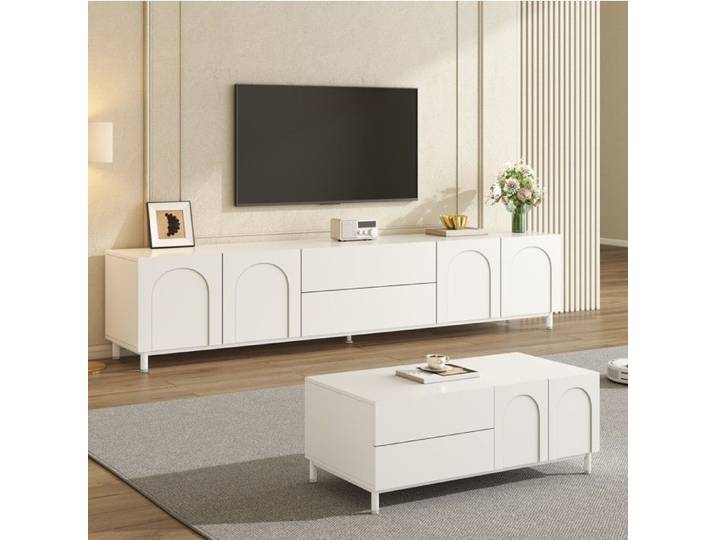 Ensemble meuble TV et table basse AESVAR blanc portes en arche rangements fermés pieds en métal